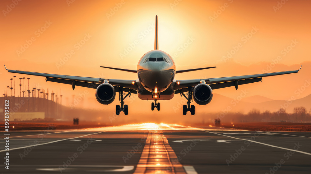 Naklejka premium generated illustration of an airplane is taking off from an airport runway, sunrise.