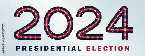 Banner with "2024" with a patriotic theme for the US Presidential Election. The numbers are filled with red, white, and blue stripes and stars along with repeated "VOTE" text on white backdrop