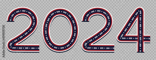 Template of vector number "2024" decorated with "VOTE" text and stars for he USA Presidential Election. The numbers are filled with red, white, and blue, reflecting the colors of the American flag