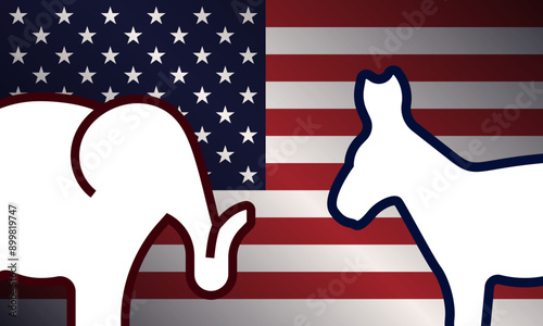 Banner with white silhouettes of a donkey and an elephant, symbols of the U.S. Democratic and Republican parties, respectively, set against an American flag background symbolizing political opposition