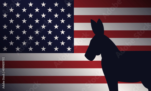 A silhouette of a donkey, symbol of the Democratic Party, set against the background of the American flag, highlighting the party's presence in the political landscape of the United States of America