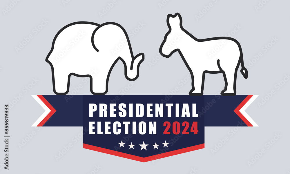 Obraz premium Vector poster with silhouettes of a donkey and a elephant, representing the Democratic and Republican parties stand facing each other above a banner with 