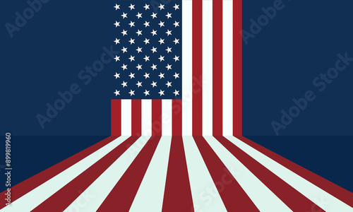 Banner with American flag with stars in a blue rectangle at the top left and red and white stripes extending from the center towards the viewer, creating a 3D effect against a dark blue background.