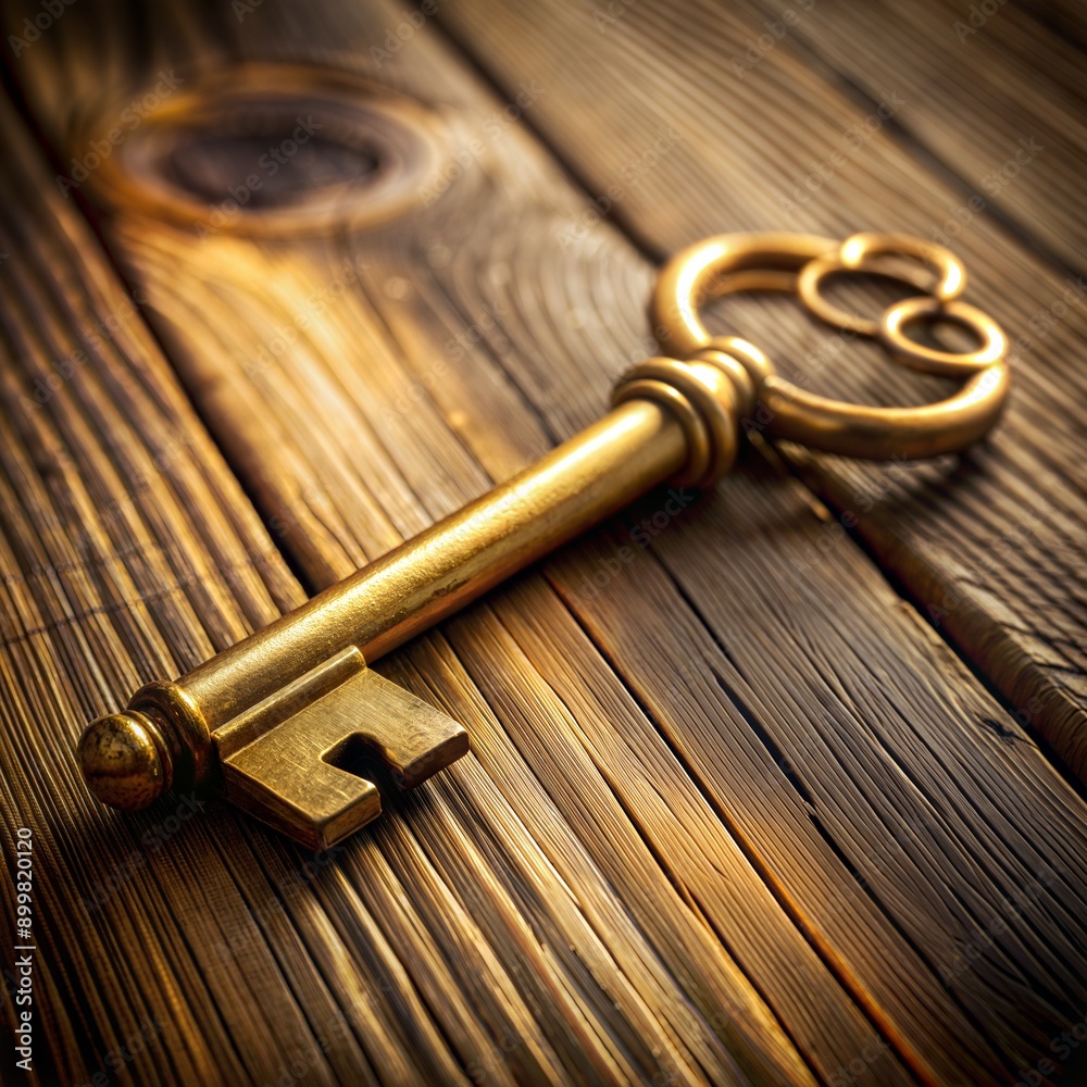 Golden Key Sitting on Wooden Surface. Elegant and Timeless Design, Perfect for Concepts of Unlocking Potential, Secrets, and Vintage Themes Golden Key Sitting on Wooden Surface. Elegant and Timeless Design, Perfect for Concepts of Unlocking Potential, Secrets, and Vintage Themes