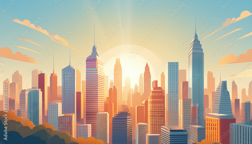 Fototapeta premium A vibrant cityscape at sunrise, bathed in warm hues