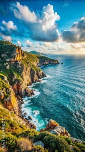 A stunning coastal landscape shows a rugged cliffside overlooking a vibrant blue sea.