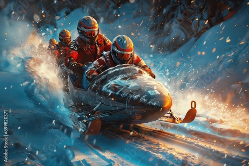 Bobsleigh Team Racing Down Snowy Track