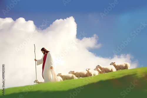 Jesus Christ, good shepherd and flock of sheep