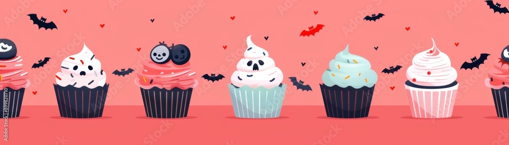 Halloween-themed cupcakes with spooky decorations on a pink background, perfect for festive and fun holiday celebrations. Halloween-themed cupcakes with spooky decorations on a pink background, perfect for festive and fun holiday celebrations.