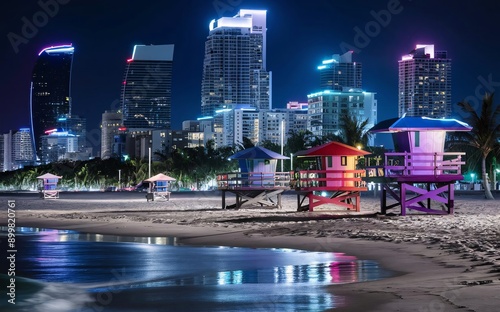 Miami Miami Beach with colorful lifeguard towers and nightlife scene photo