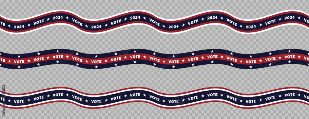 Set of various wavy ribbons in red, blue and white colors of American flag with stars and text VOTE 2024. Seamless lines, tapes, stripes for USA Presidential Election isolated on transparent backdrop Set of various wavy ribbons in red, blue and white colors of American flag with stars and text VOTE 2024. Seamless lines, tapes, stripes for USA Presidential Election isolated on transparent backdrop