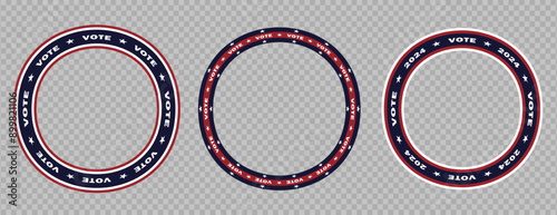 Set of three circles as design element for the 2024 USA Presidential Election. Each circle has a patriotic theme with the words VOTE on a navy blue background, bordered by red and white stripes
