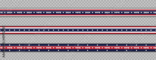 Set of vector elements for the 2024 USA Presidential Election with various horizontal ribbons, stripes and tapes in red, white, and blue colors of American flag with stars on transparent background