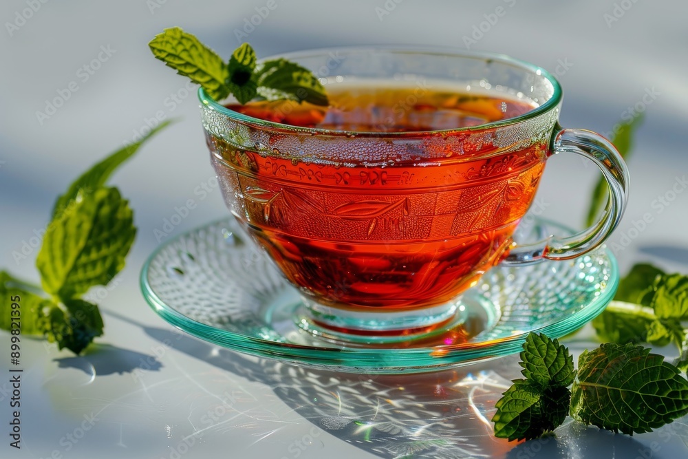Refreshing Mint Tea with Ice in Elegant Glass Cup on Reflective Surface Refreshing Mint Tea with Ice in Elegant Glass Cup on Reflective Surface