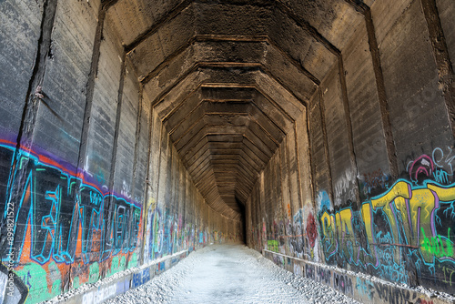 Donner Pass Summit train tunnel covered with graffiti. Sierra Nevada of California, USA. photo