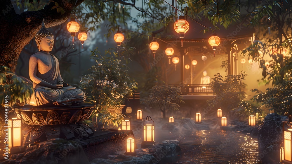 Obraz premium A serene Zen garden at night featuring a large stone Buddha statue illuminated by lanterns