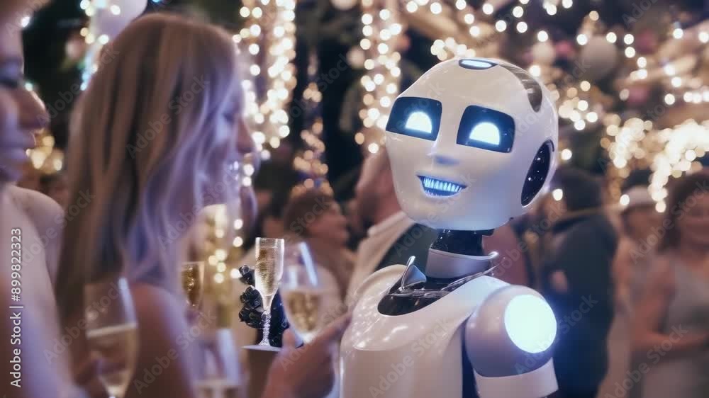 A social robot with a glowing screen face engages with elegantly dressed guests at a festive evening event. The setting is vibrant, adorned with lights and decorations, creating a joyful and A social robot with a glowing screen face engages with elegantly dressed guests at a festive evening event. The setting is vibrant, adorned with lights and decorations, creating a joyful and