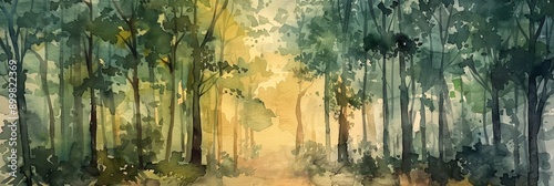 A serene watercolor painting depicting a sunlit path winding through a dense forest, symbolizing peace, tranquility, nature, exploration, and the beauty of the natural world.