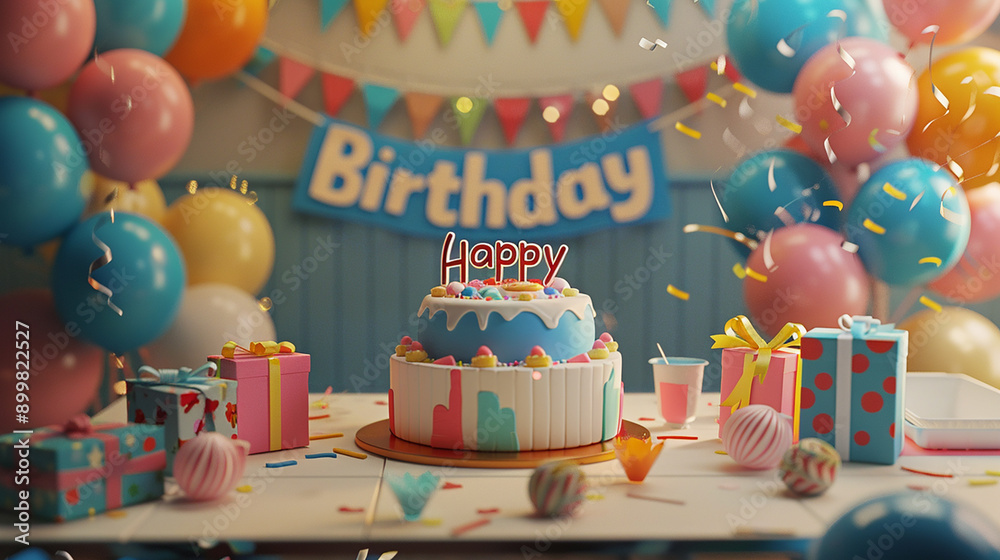 Fototapeta premium A colorful birthday setup with a decorated cake, balloons, and presents, capturing a festive and joyful celebration, ideal for birthday party themes.