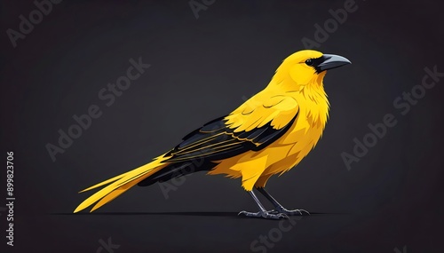 Illustration of a yellow bird with black wings standing on a dark background