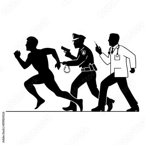 A man runs away, followed by a policeman with a gun, handcuffs and a doctor with a syringe. Monochrome vector in flat art style about medical police