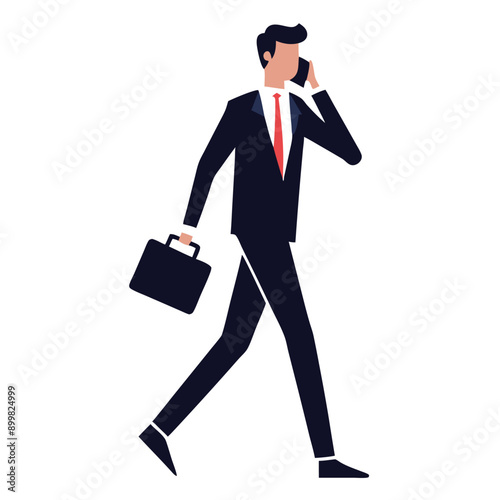 A business man walking and talking on a mobile phone isolated white background 