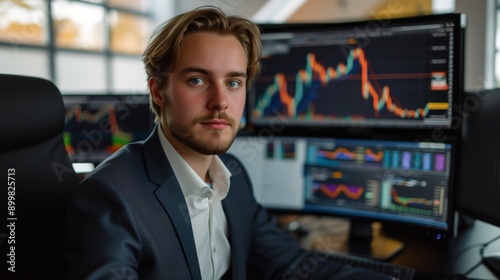 A confident businessman in a suit, analyzing stock market data on multiple screens in a modern office. His focused expression reflects the seriousness of his work in the financial industry.