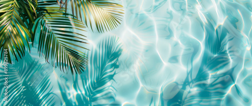 A tropical summer background with palm leaves and water ripples, creating an abstract pattern of shadows on the wall
