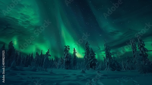 A breathtaking view of the Northern Lights illuminating a snowy forest, showcasing the beauty of nature, the wonder of celestial phenomena, and the tranquility of the winter landscape.