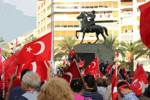 Happy 9th September Liberation of Izmir. Izmir Republic Square vector illustration. Translation: 9 Eylül İzmir'in kurtuluşu kutlu olsun.
