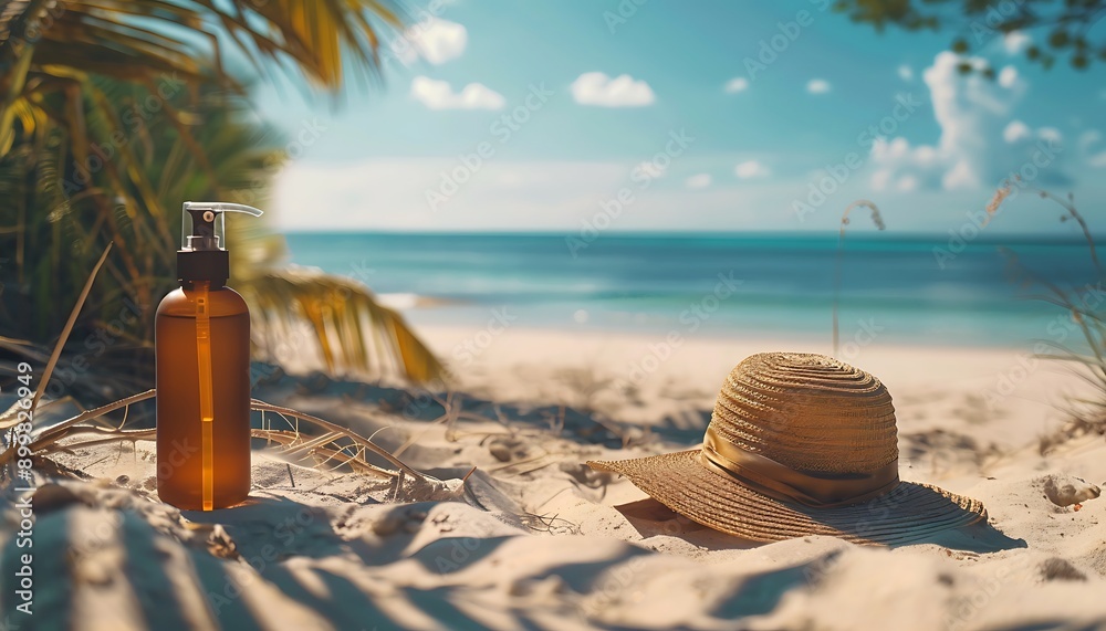 A bottle of sunblock lotion with a beach hat beside it, placed on a sandy beach. A bottle of sunblock lotion with a beach hat beside it, placed on a sandy beach.