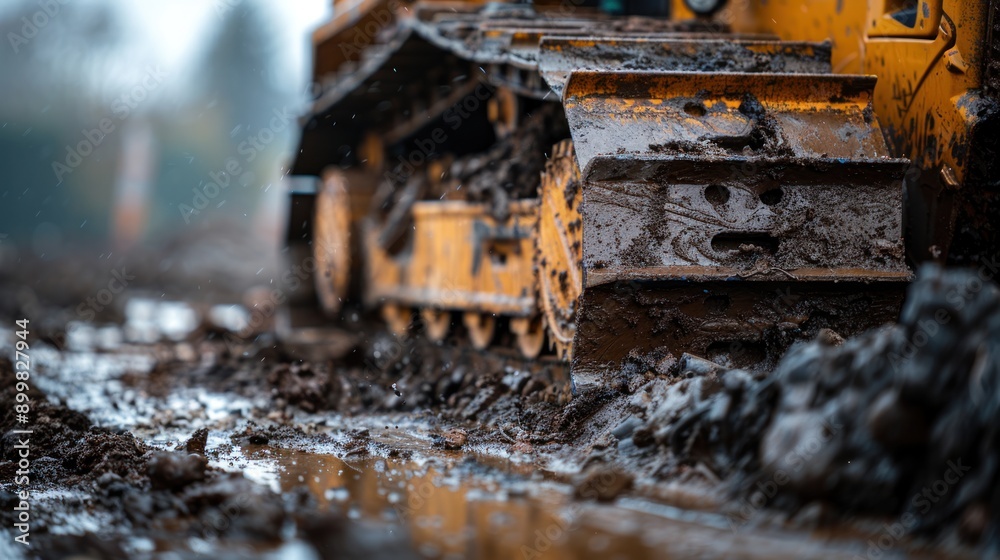 Fototapeta premium Close up of a bulldozer digging foundation on construction site.