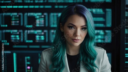 Woman with teal hair coding for network upkeep, 4K image with 50mm lens © Hashim