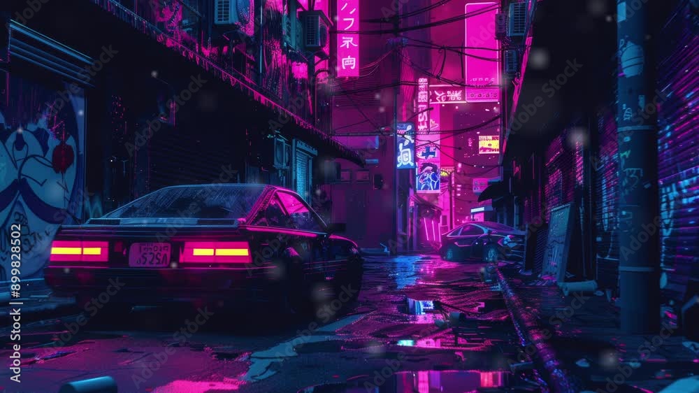 Urban art and graffiti in synthwave style with neon-lit details and a dark background. Seamless Loop Animation