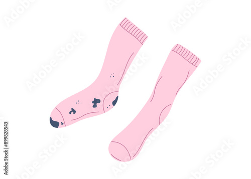 Socks. Dirty clothes with stains and clean clothes. Clothes stained with dirt and washed. Linen care, washing. Vector illustration isolated on white background.