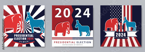 Posters in flat style for 2024 USA Presidential Election with the Democratic (blue donkey) and Republican (red elephant) parties with patriotic designs, including stars, stripes and the American flag