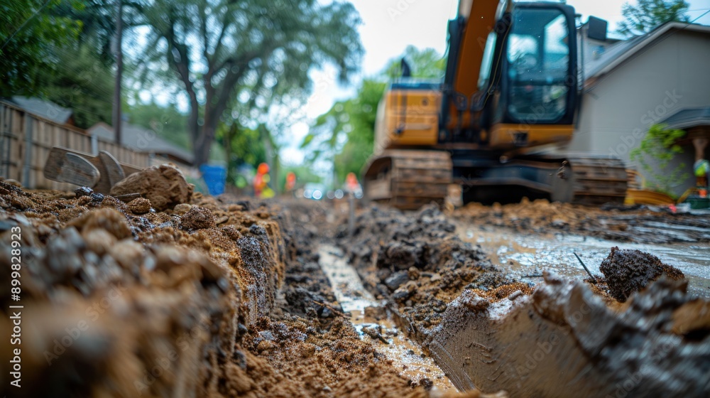 Obraz premium Cropped picture of a backhoe digging soil and making foundation at construction site.