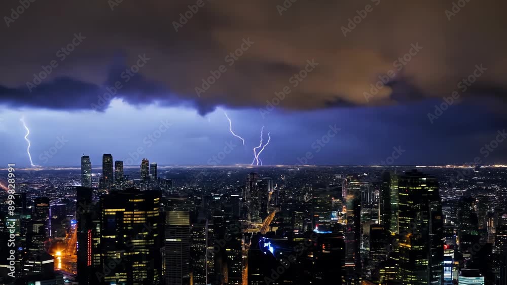 A dramatic cityscape at night, illuminated by a bright lightning bolt striking across the sky. The buildings stand tall against the dark stormy clouds. A dramatic cityscape at night, illuminated by a bright lightning bolt striking across the sky. The buildings stand tall against the dark stormy clouds.