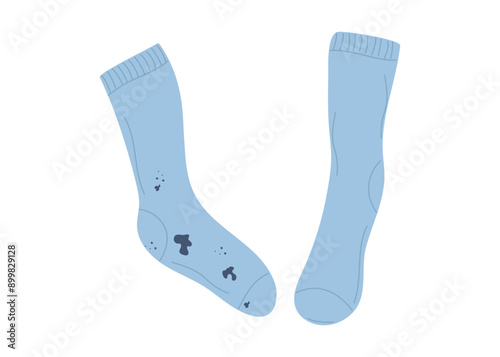 Socks. Dirty clothes with stains and clean clothes. Clothes stained with dirt and washed. Linen care, washing. Vector illustration isolated on white background.