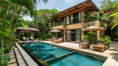 A luxurious villa with a private pool, surrounded by lush tropical gardens, offering a tranquil and secluded retreat. The villa features a spacious patio with lounge chairs, perfect for relaxing and e