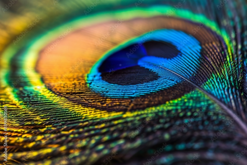 Fototapeta premium A detailed view of the vibrant and intricate feathers of a peacock, showcasing its iridescent colors and intricate patterns, Macro-shot of peacock feather showing its different colors, AI Generated