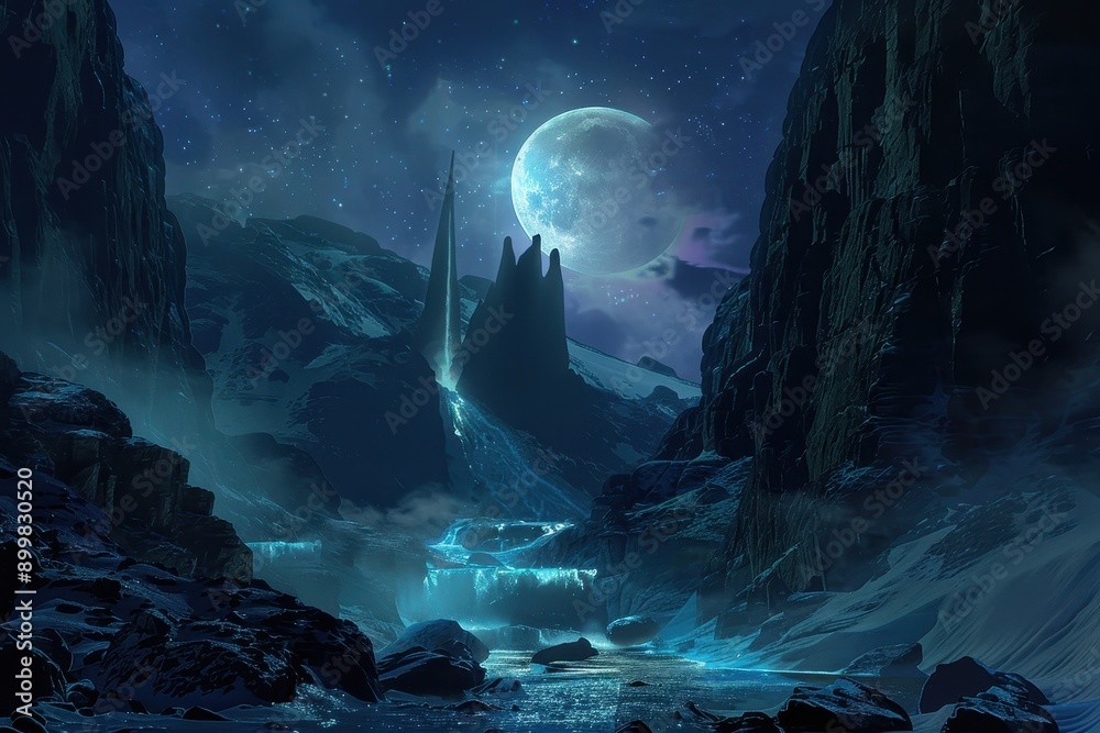 Mystical moonlit mountain landscape with cascading waterfall and glowing blue water Mystical moonlit mountain landscape with cascading waterfall and glowing blue water