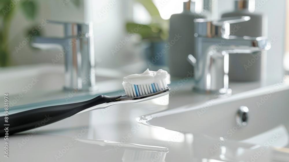 Toothbrush with Toothpaste in Modern Bathroom Toothbrush with Toothpaste in Modern Bathroom