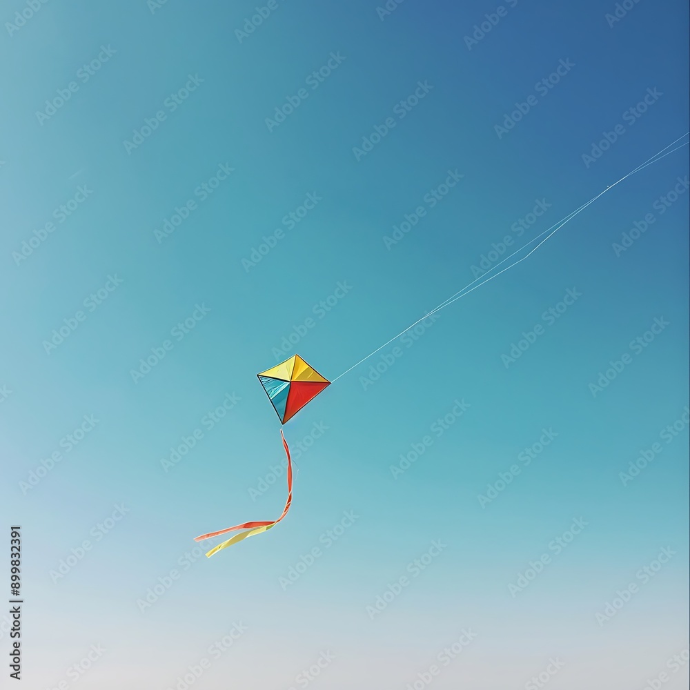 A colorful kite flying high in a clear blue sky, with its string tied to a sand anchor. A colorful kite flying high in a clear blue sky, with its string tied to a sand anchor.