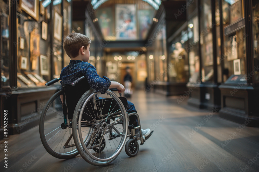 Boy in wheelchair exploring museum, Child in wheelchair admiring art exhibits, showcasing inclusive access to museums and promoting cultural awareness, copy space Boy in wheelchair exploring museum, Child in wheelchair admiring art exhibits, showcasing inclusive access to museums and promoting cultural awareness, copy space