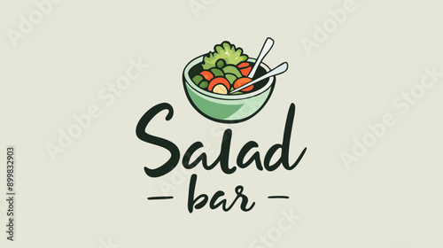 Salad bar logotype with handwritten text. Modern brush calligraphy, hand lettering. Vector illustration with vegetables emblem