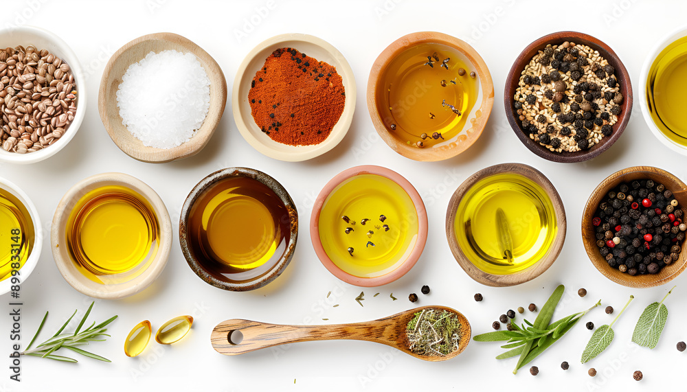 Vegetable fats. Different cooking oils in bowls and spoons with ingredients on white background, flat lay Vegetable fats. Different cooking oils in bowls and spoons with ingredients on white background, flat lay