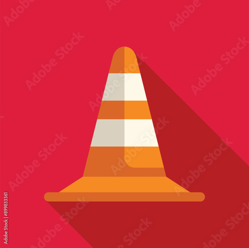 Orange and white traffic cone casting a long shadow against a red background, representing concepts of safety, caution, and construction