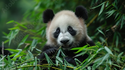 A cute panda cub is captured munching on bamboo amidst lush green foliage, showcasing its playful and endearing nature. Perfect for themes of wildlife, nature, and conservation.