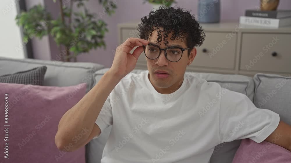 A young hispanic man removes glasses, feeling stressed in a cozy living room setting. A young hispanic man removes glasses, feeling stressed in a cozy living room setting.